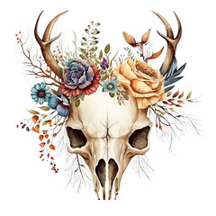 Deer skull with flower on head watercolor drawing