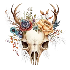 Fotobehang Boho Deer skull with flower on head watercolor drawing