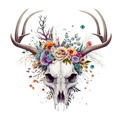 Deer skull with flower on head watercolor drawing