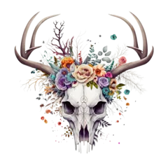 Fototapete Boho Deer skull with flower on head watercolor drawing