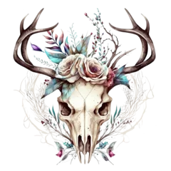 Fototapete Boho Deer skull with flower on head watercolor drawing