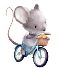 Cute mouse character on the bicycle  - 648400485