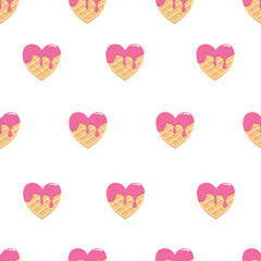 Waffle in the shape of a heart with strawberry glaze on white background. Seamless pattern. Texture for fabric, wrapping, wallpaper. Decorative print.
