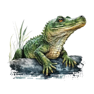 Crocodile, green alligator watercolor painting