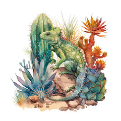 iguana Cactus with thorns and desert watercolor drawing of animal