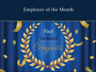 Employee of the month, congrats text with name on blue with gold confetti and laurel wreath