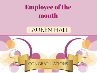 Employee of the month, congratulations text with name on pink and gold with decoration