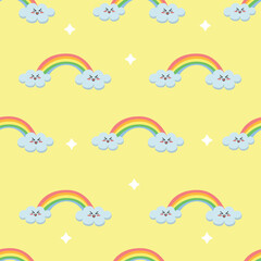 Seamless hand drawn vector pattern with cute cartoon rainbow and clouds on yellow background. Design for print, fabric , wallpaper