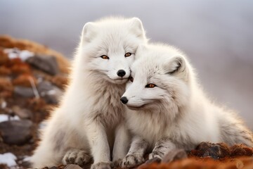Tender Moment of Arctic Fox Pair Grooming Each Other, Expressing Affection in the Arctic Wilderness