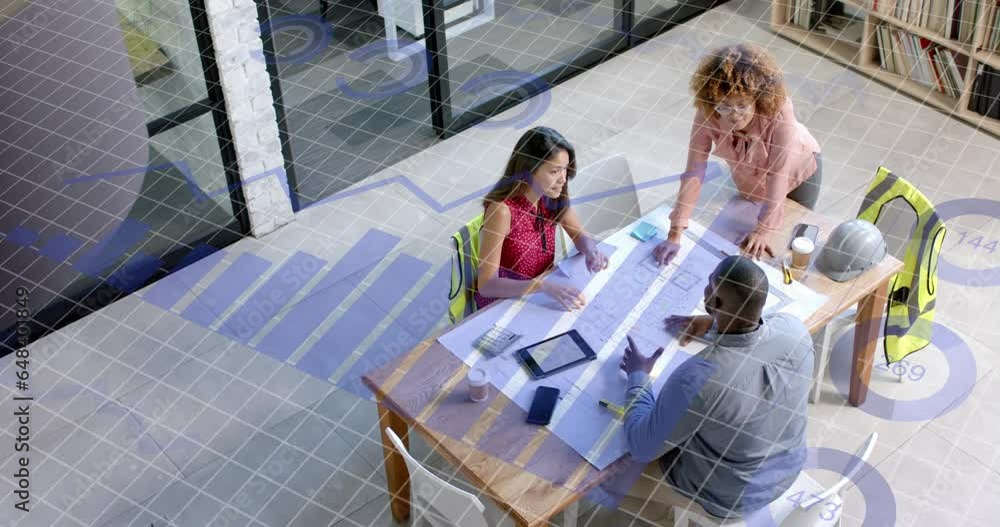 Poster data processing on interface over diverse architects discussing blueprints at meeting