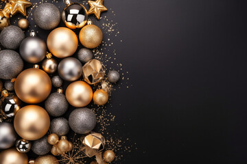 Christmas composition, Gold Christmas frame made of balls, golden decorations on black background, Flat lay, top view, copy space, aesthetic look