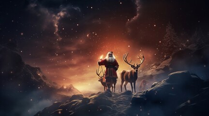 Papá Noel viajando con sus renos de noche - obrazy, fototapety, plakaty