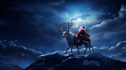 Papá Noel viajando con sus renos de noche - obrazy, fototapety, plakaty