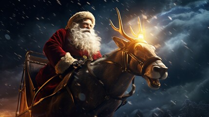 Papá Noel viajando con sus renos de noche