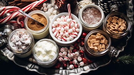 Overhead Shot of a Hot Chocolate Bar Complete with Toppings, Whipped Cream, and Festive Decorations - obrazy, fototapety, plakaty
