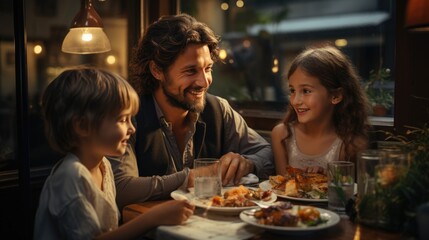 a man sitting at a table with two little girls, restaurant, lit from the side, smiles, handsome man