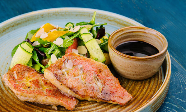 Grilled Red Snapper fish fillets and fresh vegetable salad