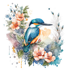 Watercolor bird with flowers Clipart Element 