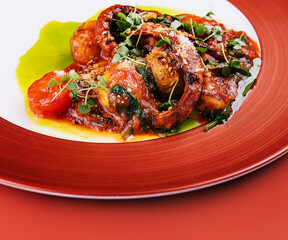 fried octopus and scallops in tomato sauce