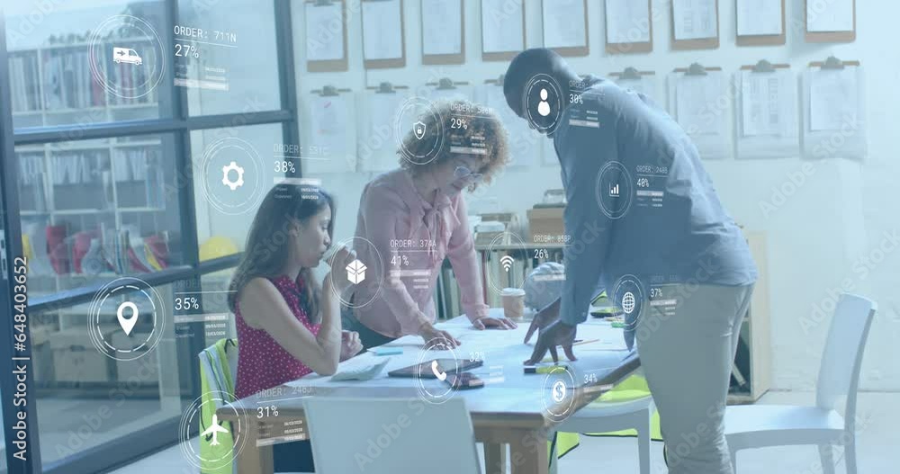 Poster communication icons and data processing over diverse architects discussing blueprints