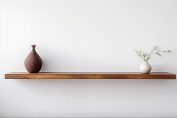 Wood floating shelf on white wall with wooden floor. Modern interior