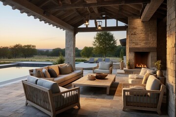 Outdoor terrace of modern rustic farmhouse