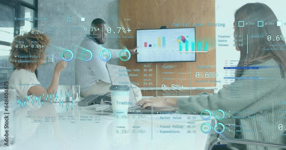 Aufkleber data processing on interface over diverse colleagues discussing at casual office presentation