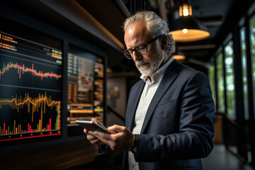 Investors using tablets or smartphone for analyzing stock market performance data.