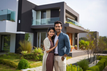 Young indian couple standing together in front of new home