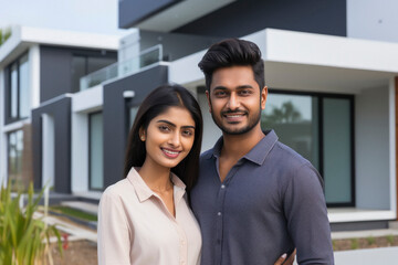 Young indian couple standing together in front of new home