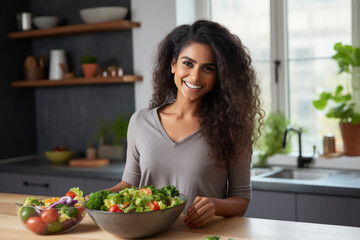 Young woman smiling and holding bowl with fresh vegetable