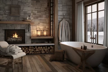 Rolgordijnen modern farmhouse bathroom with stone and wooden elements © Lucas
