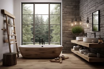 Wandcirkels tuinposter modern farmhouse bathroom with stone and wooden elements © Lucas