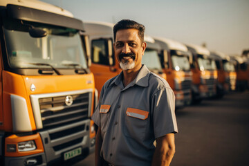 indian male driver standing in front of truck.