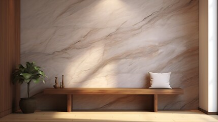 Minimalist Hallway - Wooden Bench, Marble Wall, Wood Paneling, Modern Entrance, Big Window