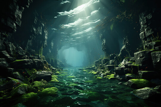 Underwater scene. 3D render of an underwater landscape with a cave.