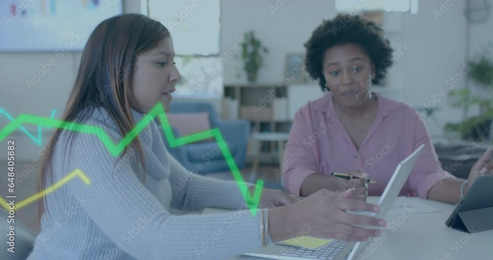 Poster graph processing data over diverse female colleagues with laptop and tablet discussing at desk