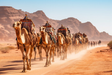 Camel caravan for tourists, A camelback Bedouin safari ride, aesthetic look