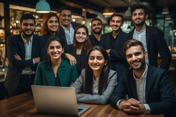 Young businesspeople or corporate employee group giving happy expression at office