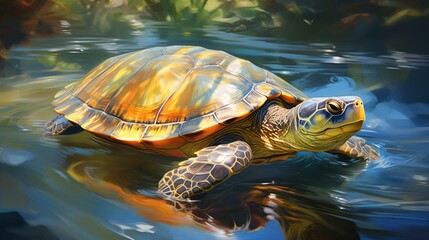 a terrapin swimming gracefully in a clear pond, with sunlight illuminating the water and highlighting its graceful movements