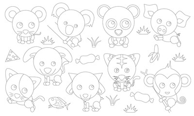 Vector graphics of sketches of various land animals and their food. Can be used for children's books or coloring books