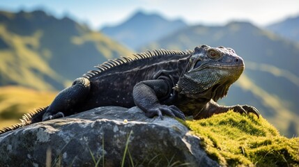 a tuatara, a living fossil, sunbathing on a rocky outcrop in its native New Zealand habitat, displaying its unique crest