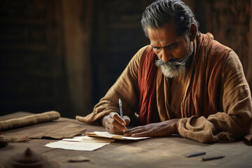 Fototapeta na wymiar Indian senior man writer writing some at home