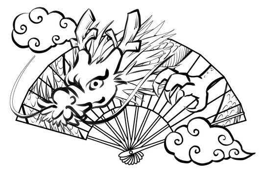 扇子から出てくる龍の線画・ぬりえ