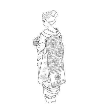 舞妓さんの線画・ぬりえ（おふくに梅の花かんざし）
