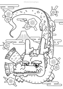 マフラー巻いた龍  線画・ぬりえ