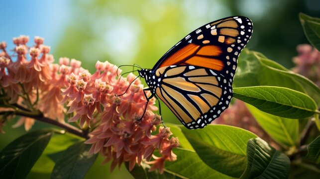 a vibrant monarch butterfly delicately perched on a blooming milkweed flower, with its wings outstretched