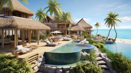 an exclusive beachfront mansion with a private cove, thatched-roof cabanas, and a sense of tropical paradise right at home