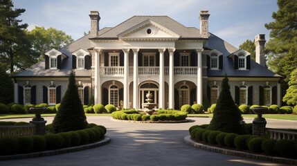 an elegant colonial-style mansion with a sweeping driveway, manicured lawns, and a grand entrance with pillars