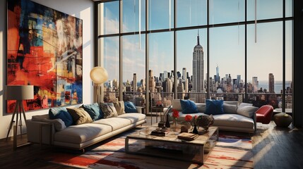 an opulent penthouse apartment with floor-to-ceiling windows, modern art, and a private rooftop terrace overlooking a vibrant city skyline